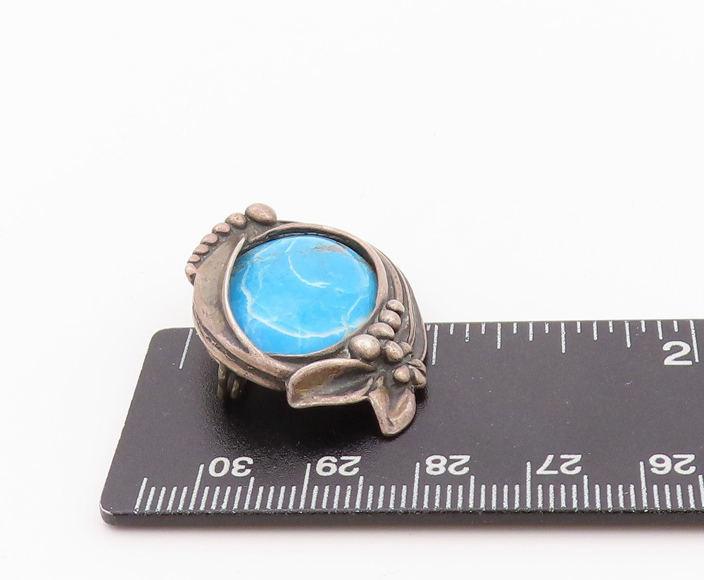 925 Sterling Silver Vintage Brooch Dark Tone Framed Oval Turquoise  BP11582