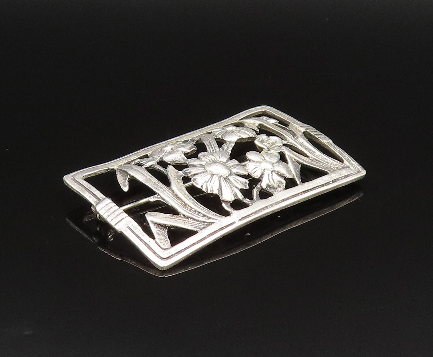925 Sterling Silver  Vintage Antique Flower Cutout Dome Brooch Pin  BP9617
