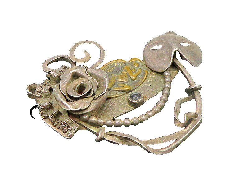 925 Sterling Silver  Vintage Black Onyx Modernist Floral Brooch Pin  BP8828