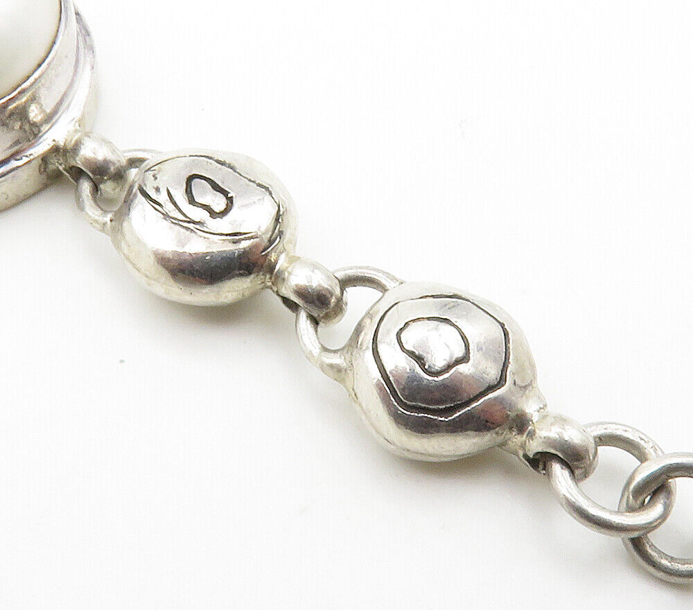 925 Sterling Silver  Vintage Pearl Domes Etched Link Chain Bracelet  BT5970