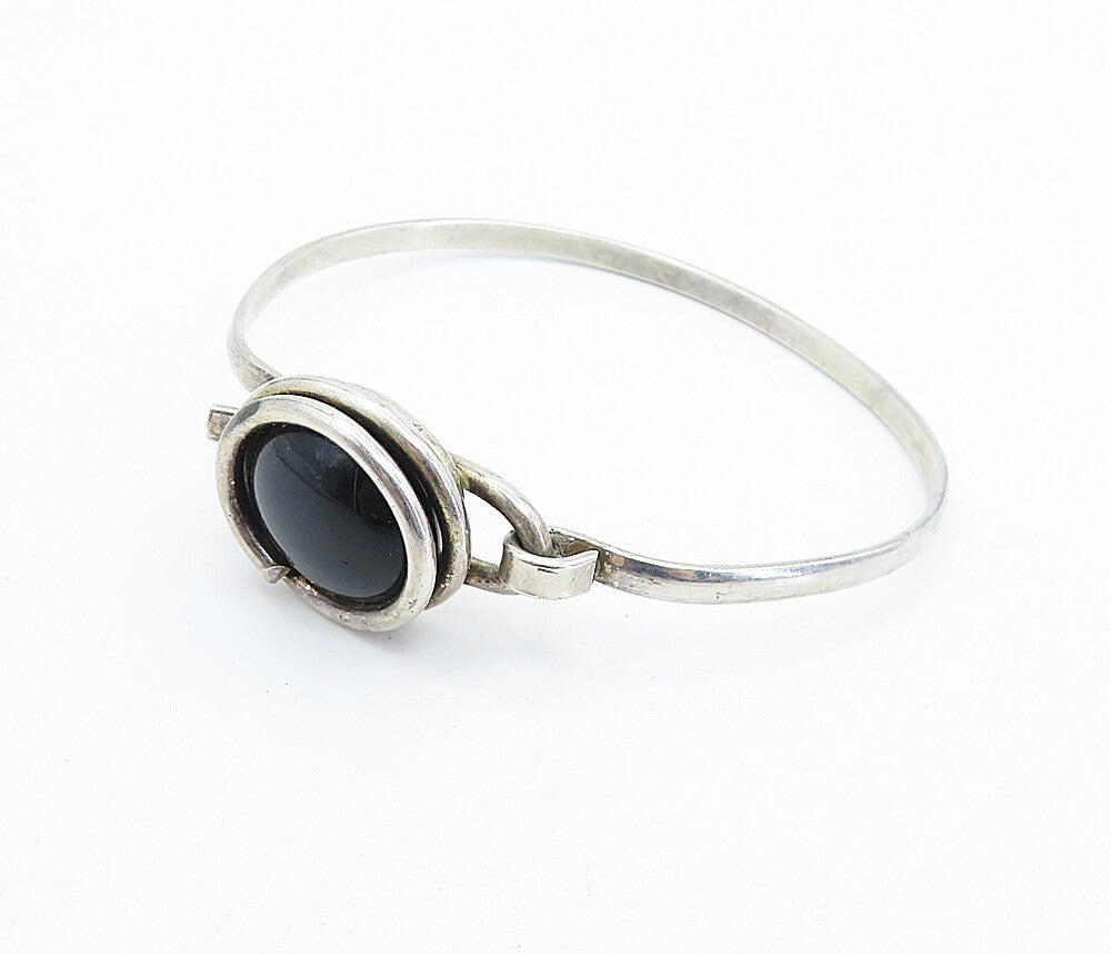 925 Sterling Silver  Vintage Cabochon Cut Black Onyx Cuff Bracelet  BT3163