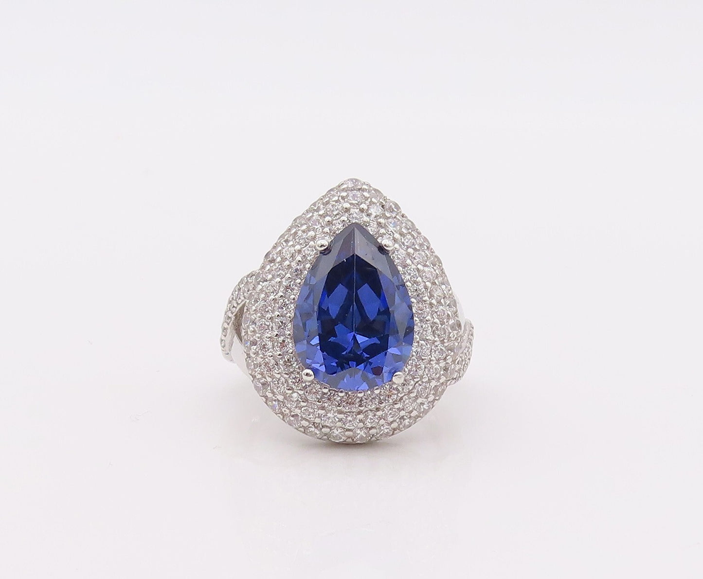 925 Sterling Silver Vintage Ring Drop Cut Sapphire Halo CZ  Sz 7  RG29886