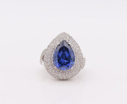 925 Sterling Silver Vintage Ring Drop Cut Sapphire Halo CZ  Sz 7  RG29886