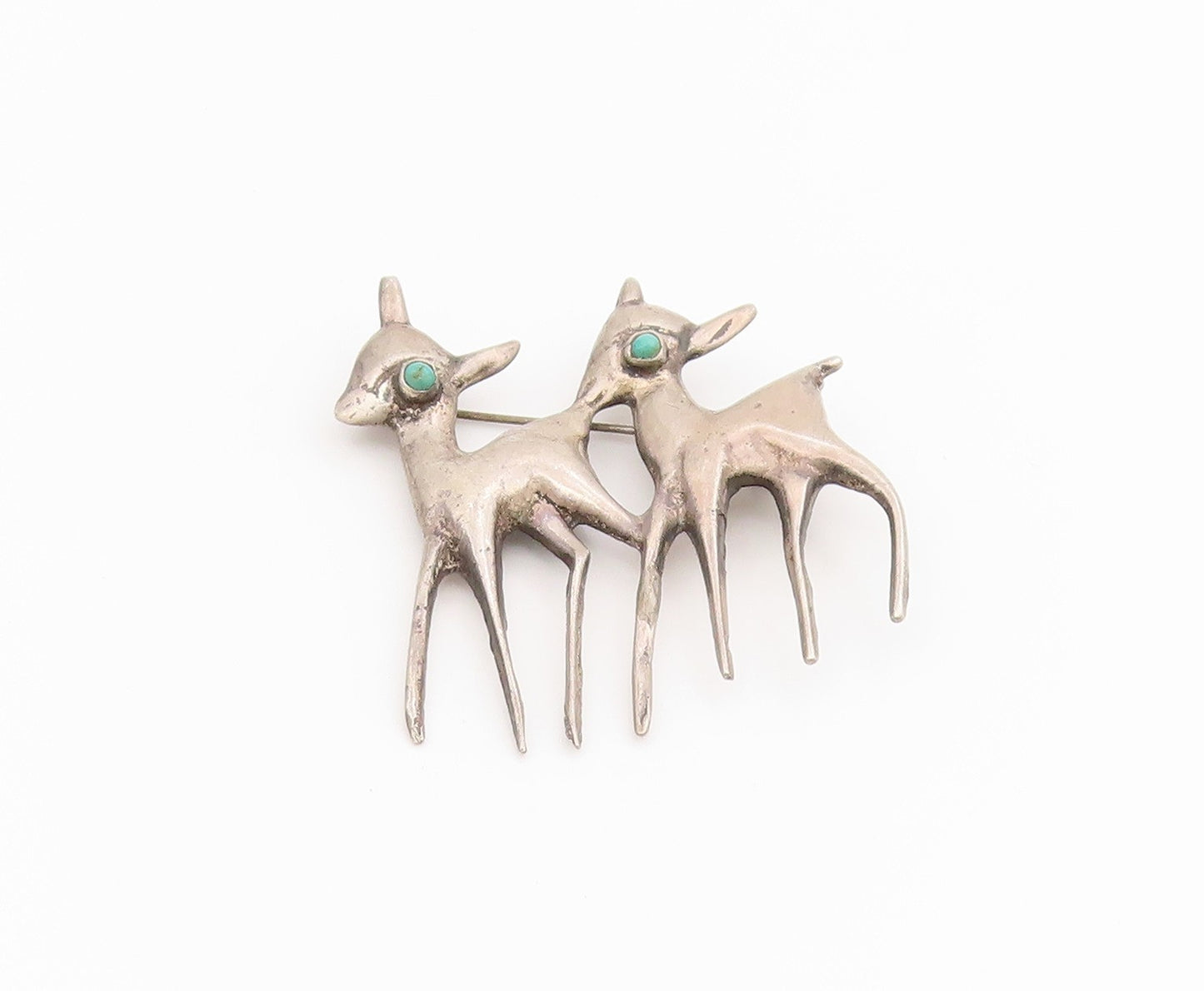 925 Sterling Silver Vintage Brooch Pin MEXICO Antique Turquoise Deer  BP12188