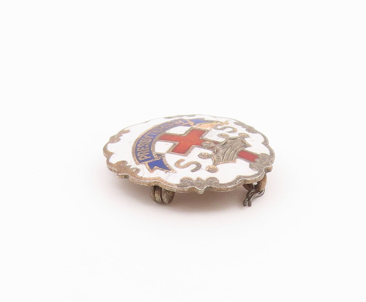 925 Sterling Silver Vintage Enamel Presbyterian Church Brooch Pin BP8606