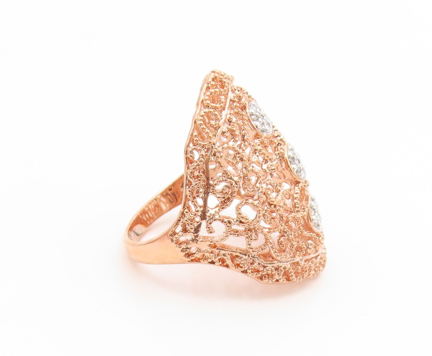 925 Sterling Silver Vintage Ring Gold Plated CZ Intricate Openwork Sz 8 RG35216