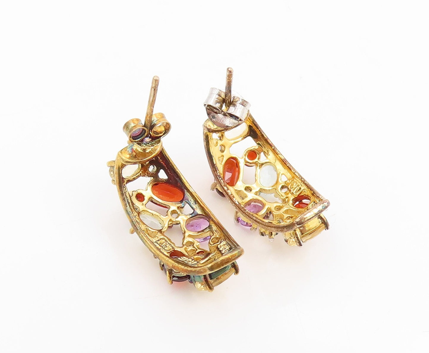 925 Sterling Silver Vintage Earrings Gold Plated Multi Gemstone Hoops  EG14325