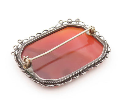 925 Sterling Silver Vintage Brooch Large Carnelian Halo Filigree Work  BP11513