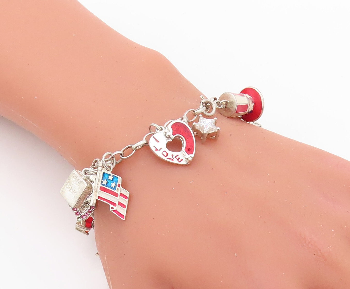 925 Sterling Silver Vintage Bracelet Dangling USA Charm Topaz Inlay  BT10805
