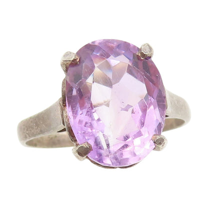 925 Sterling Silver Vintage Ring Faceted Amethyst Solitaire Band  Sz 9  RG34240