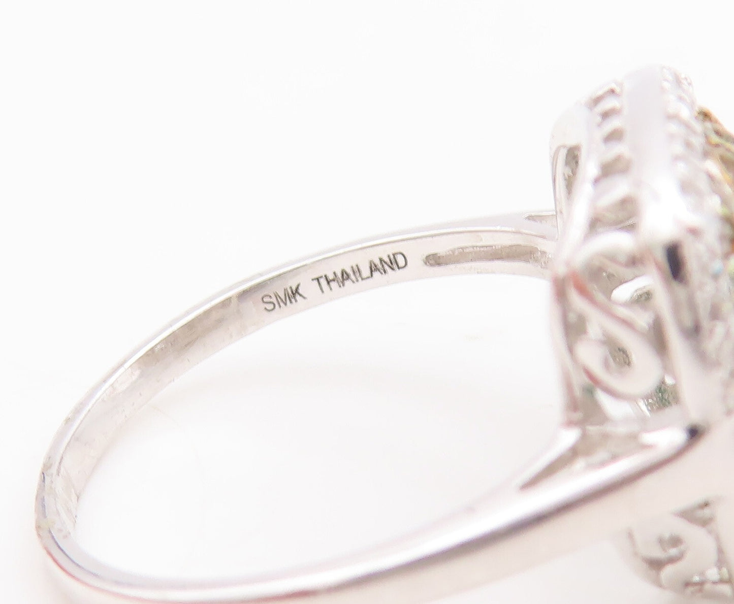 925 Sterling Silver Vintage Ring Swirly Cutout Diamonds & Gemstone Sz 7  RG29699