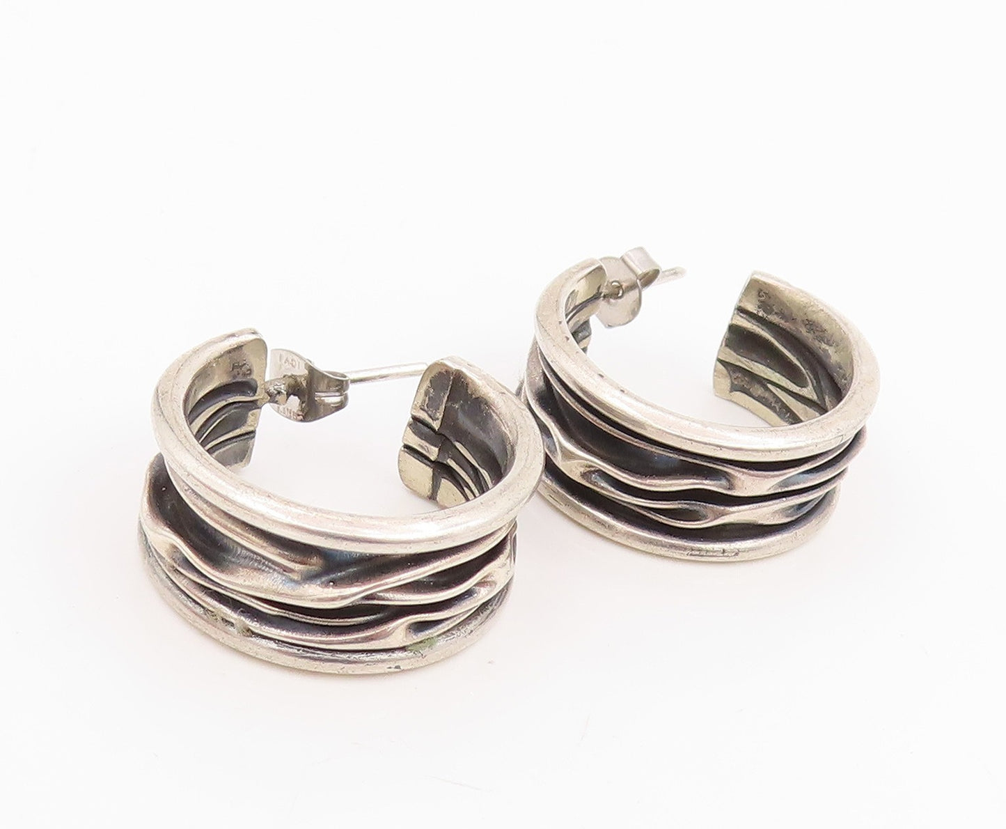 925 Sterling Silver Vintage Earrings Modernist Wavy Ribbed Wide Hoops  EG14108