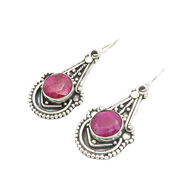 925 Sterling Silver Vintage Faceted Ruby Twist Detail Dangle Earrings EG3480