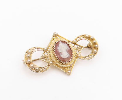 925 Sterling Silver Vintage Brooch Pin Gold Plated Carved Cameo Filigree BP12413