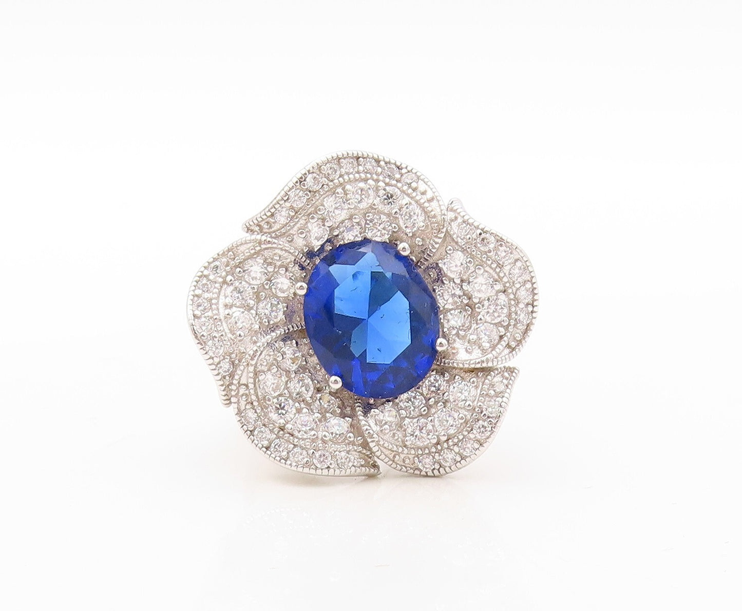925 Sterling Silver Vintage Ring Cutout Sapphire & CZ Flower  Sz 7.5  RG30669