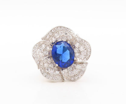 925 Sterling Silver Vintage Ring Cutout Sapphire & CZ Flower  Sz 7.5  RG30669