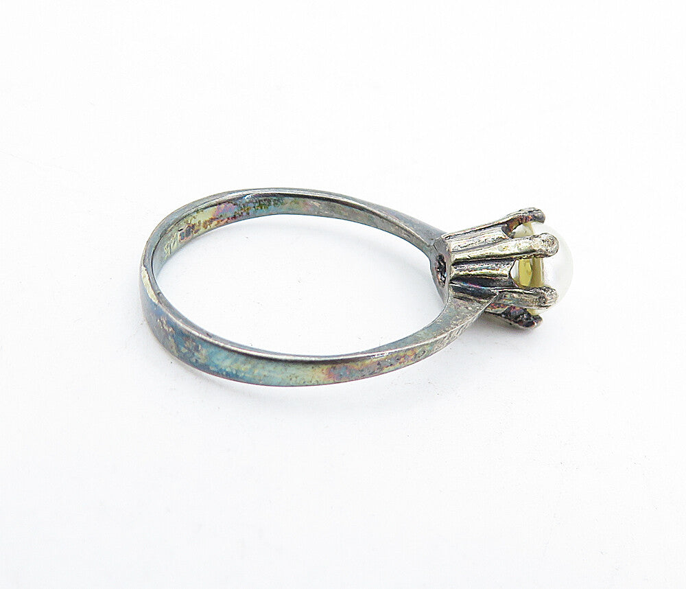 925 Sterling Silver Vintage Petite Pearl Dark Tone Solitaire Ring Sz 7 RG5197