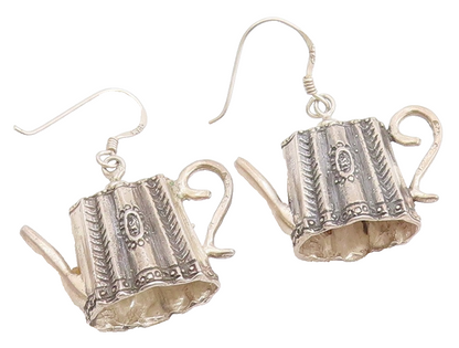 925 Sterling Silver Vintage Earrings Etched Miniature Tea Pot Dangles  EG13688