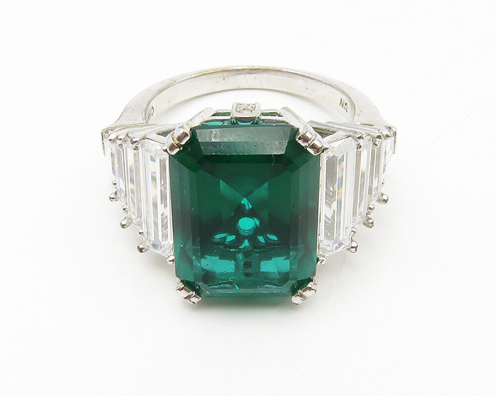 925 Sterling Silver  Green Topaz & Cubic Zirconia Cocktail Ring Sz 8  RG13959