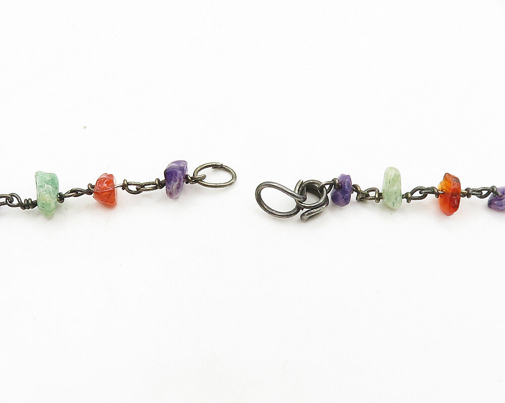925 Silver  Vintage Amethyst Turquoise & Amber Beaded Chain Necklace  NE3262