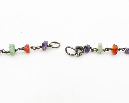 925 Silver  Vintage Amethyst Turquoise & Amber Beaded Chain Necklace  NE3262
