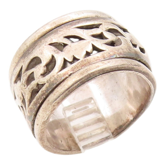 925 Sterling Silver Vintage Ring Floral Leaf Scroll Spinner Band  Sz 9  RG35899
