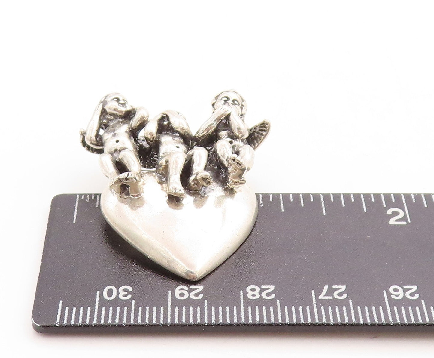 925 Sterling Silver Vintage Pendant KABANA 3 Monkeys Of Gandhiji Heart PT23784