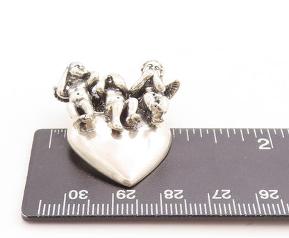 925 Sterling Silver Vintage Pendant KABANA 3 Monkeys Of Gandhiji Heart PT23784