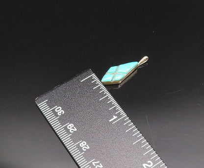 ZUNI NAVAJO 925 Silver - Vintage Diamond Shaped Turquoise Drop Pendant - PT21260