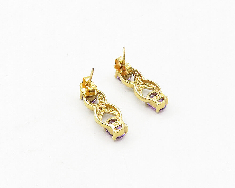 925 Sterling Silver  Amethyst & Genuine Diamonds Gold Plated Earrings  EG8871