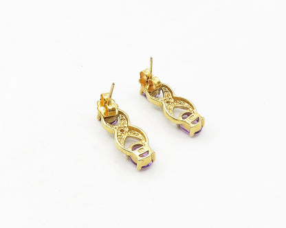 925 Sterling Silver  Amethyst & Genuine Diamonds Gold Plated Earrings  EG8871