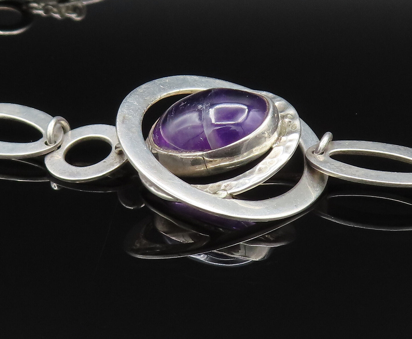 925 Silver  Vintage Hammered & Shiny Open Circle Amethyst Necklace  NE3899