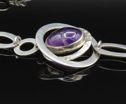 925 Silver  Vintage Hammered & Shiny Open Circle Amethyst Necklace  NE3899