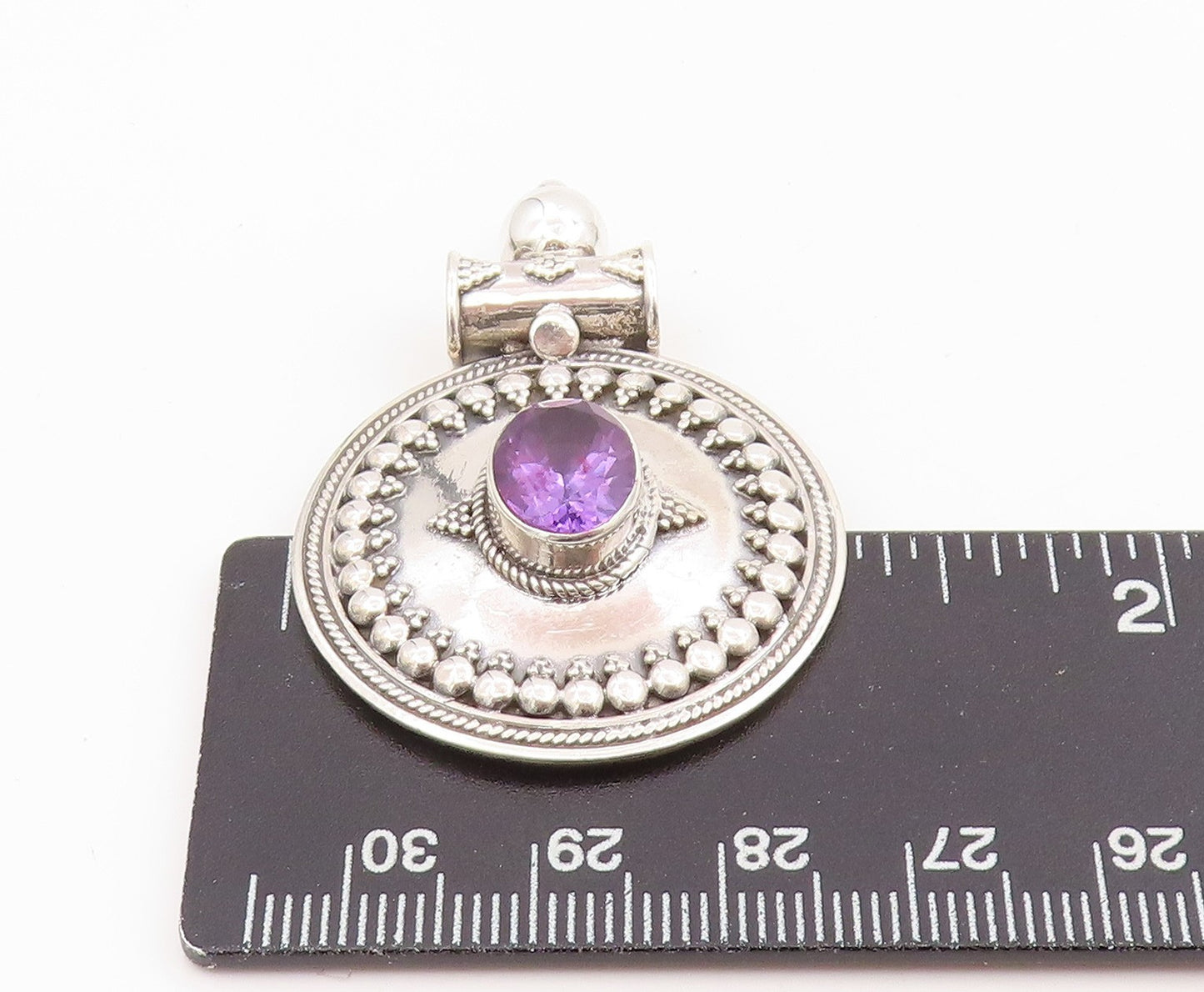 925 Sterling Silver Vintage Pendant Oval Cut Amethyst Bohemian Medal  PT25635