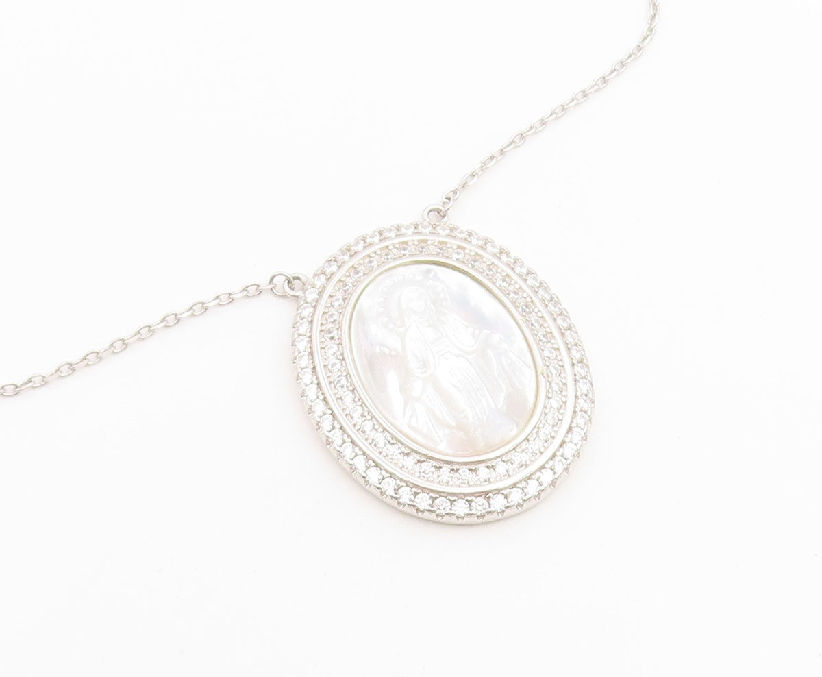 925 Sterling Silver Vintage Necklace Mother Of Pearl Halo CZ Virgin Mary  NE4902