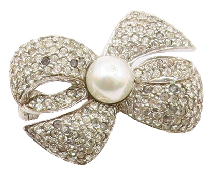 925 Sterling Silver  Vintage Pearl & Topaz Bow Tied Ribbon Brooch Pin  BP8545
