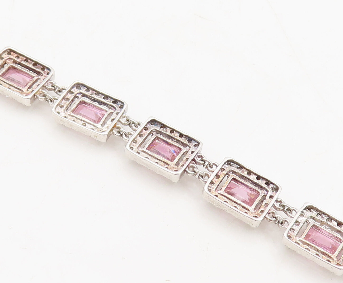 925 Sterling Silver Vintage Bracelet Rectangle Link Pink Halo White CZ  BT10249