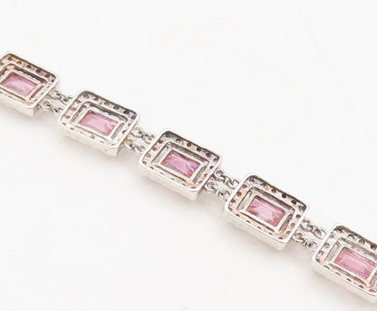 925 Sterling Silver Vintage Bracelet Rectangle Link Pink Halo White CZ  BT10249