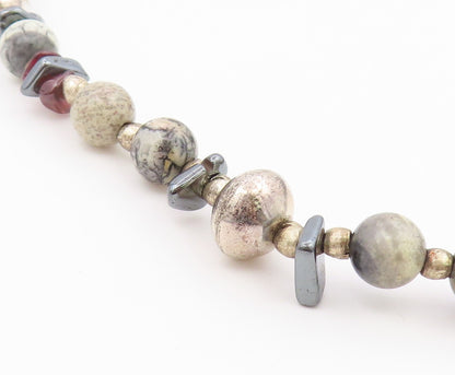 925 Sterling Silver Vintage Necklace Multi Gemstone Beaded Collar Choker  NE4925