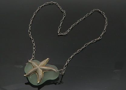 925 Sterling Silver  Vintage Green Stone Starfish Motif Chain Necklace  NE3390