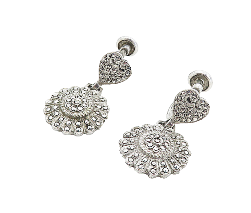 925 Sterling Silver Vintage Sparkling Flower Motif Non Pierce Earrings EG4216