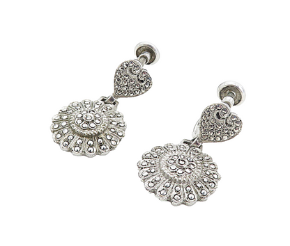 925 Sterling Silver Vintage Sparkling Flower Motif Non Pierce Earrings EG4216