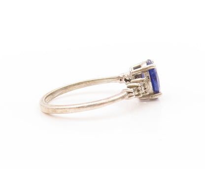 925 Sterling Silver Vintage Ring Diamonds Band & Oval Sapphire  Sz 8  RG32942