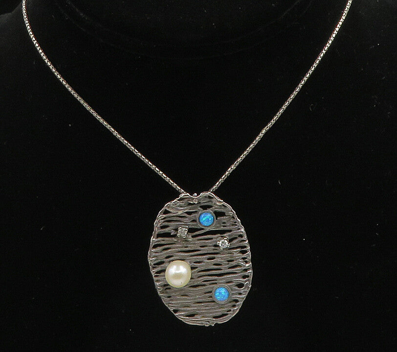 925 Silver  Vintage Pearl Fire Opal & Topaz Modernist Chain Necklace  NE3300