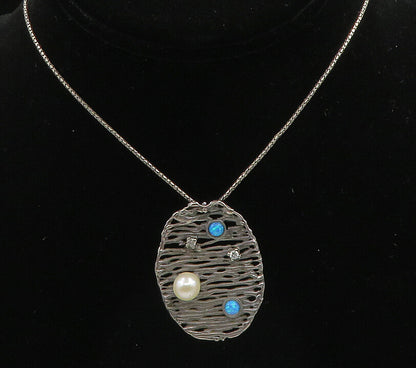 925 Silver  Vintage Pearl Fire Opal & Topaz Modernist Chain Necklace  NE3300