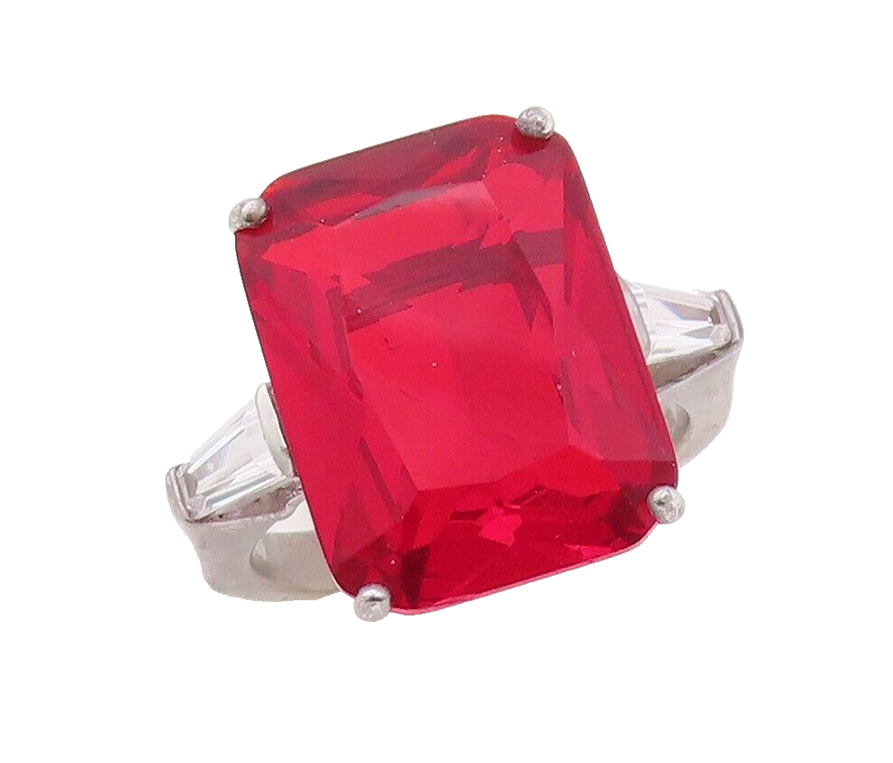 925 Sterling Silver Vintage Ring Rectangle Cut Red & White CZ  Sz 6.5  RG30046