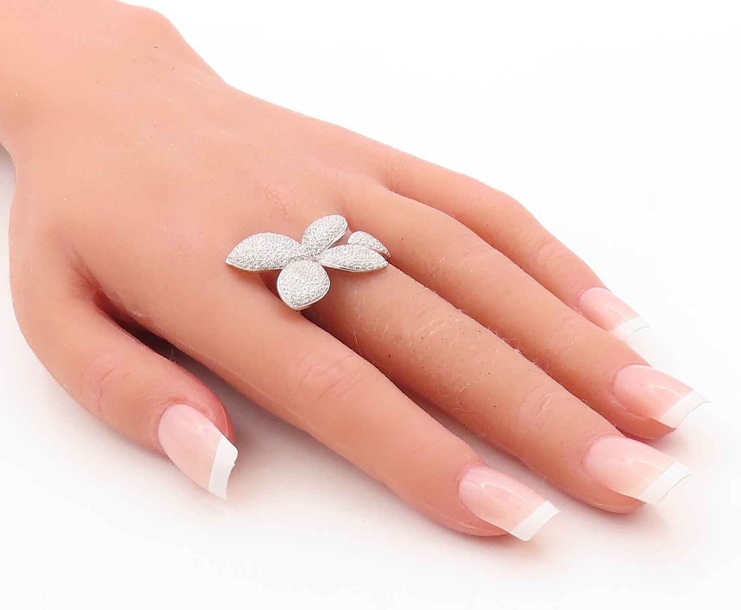 925 Sterling Silver Vintage Ring Modernist CZ Inlay Flower Cutout Sz 10  RG31439