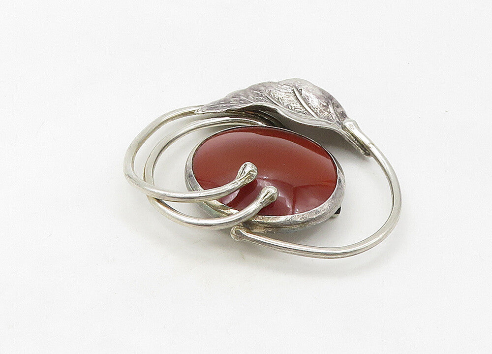 925 Sterling Silver  Vintage Cabochon Cut Carnelian Floral Brooch Pin  BP8398