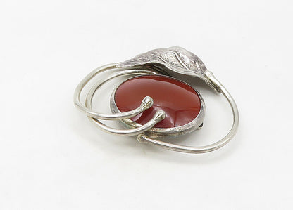 925 Sterling Silver  Vintage Cabochon Cut Carnelian Floral Brooch Pin  BP8398
