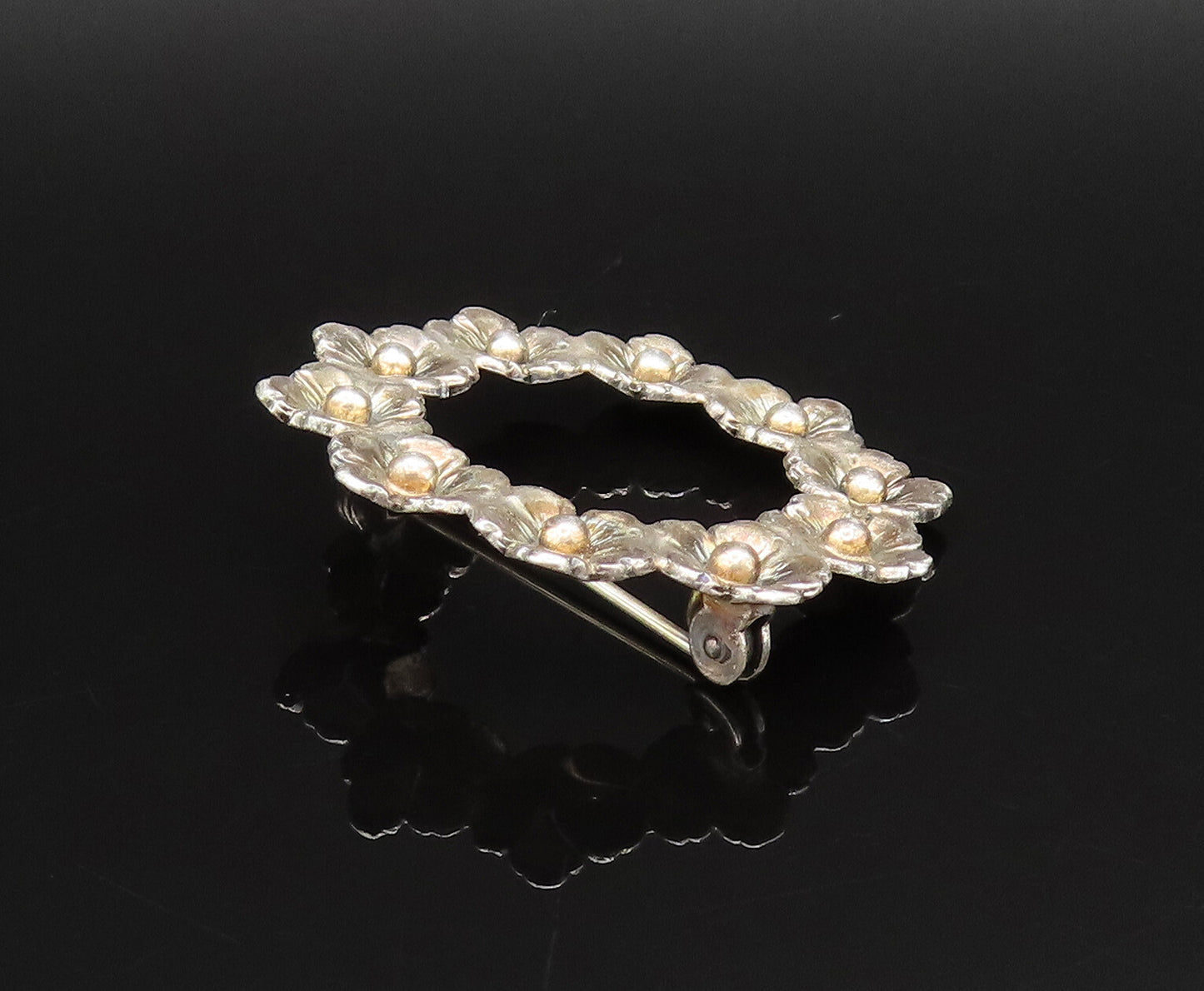 FROM DENMARK 925 Sterling Silver Vintage Fancy Flower Wreath Brooch Pin BP9805